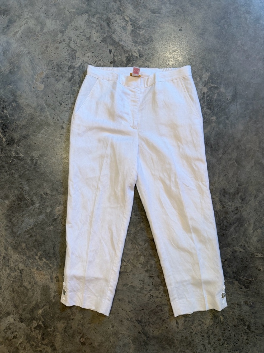 White Linen Straight-Leg Embellished Hem Pants - Picture 2 of 7